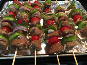 Beef Kabobs with peppers, lemons and cherry tomatoes