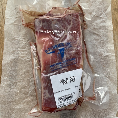 1 pound package of frozen beef short ribs available for sale direct from the farm.