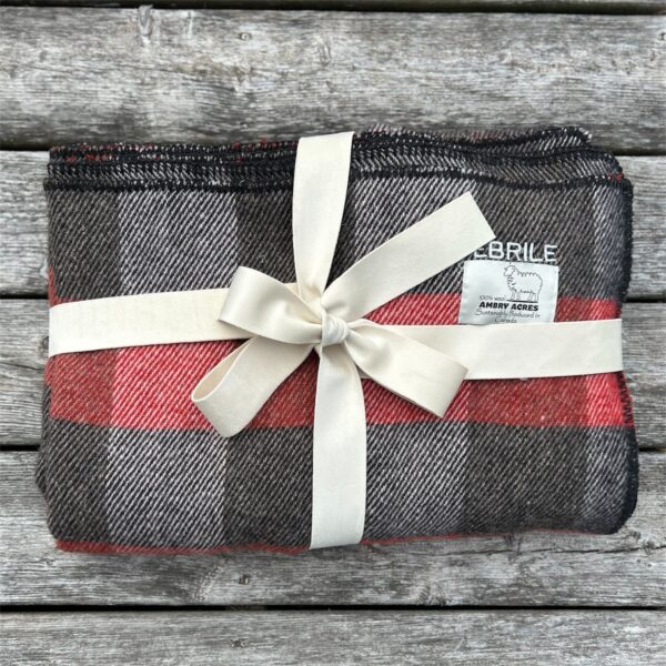 Red & black checkered wool blanket with velvet ribbon