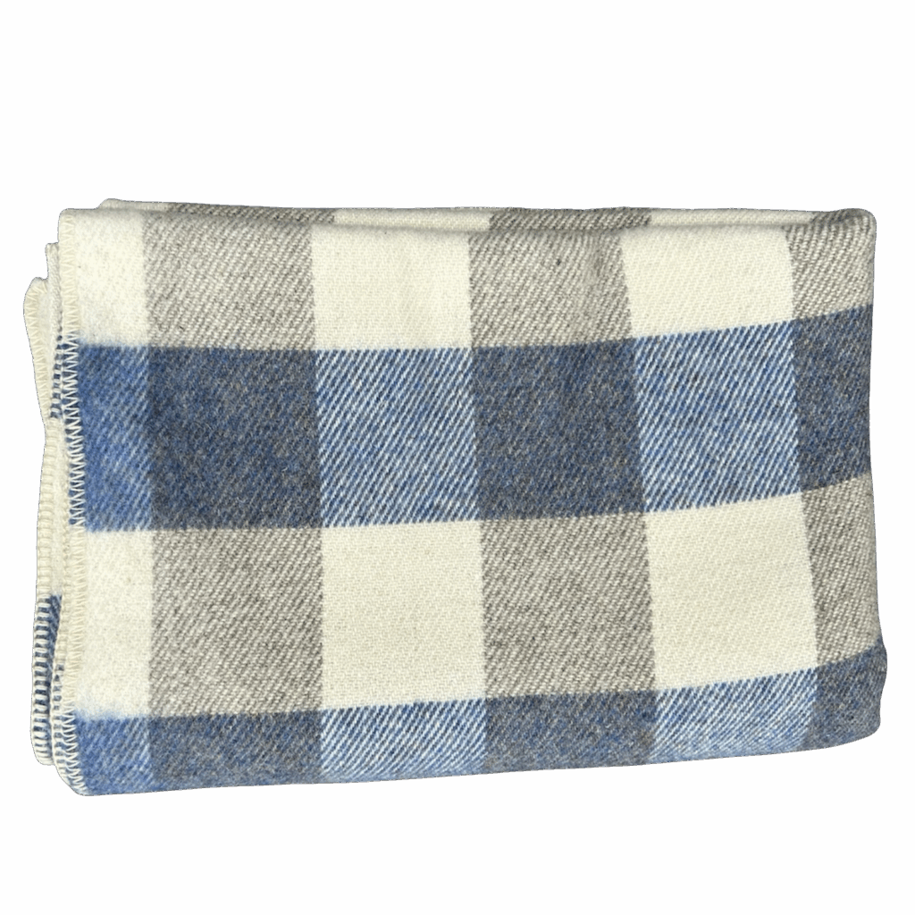 Blue and white checkered wool throw