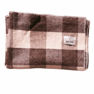 Brown and natural white checkered wool blanket. Made from the wool of our sheep flock.