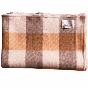 Gold and natural white checkered wool blanket. Made from the wool from our sheep