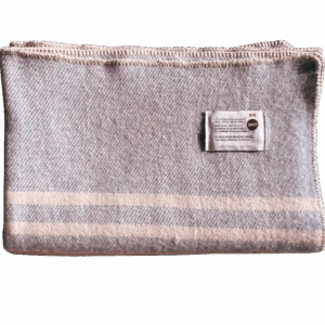 Light Blue Tweed with 3 natural white stripes along both ends. 100% wool blanket from our sheep wool