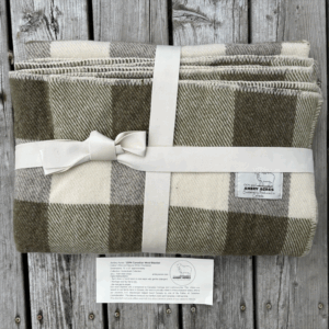 Olive and natural white checkered wool blanket, made from our sheep's wool