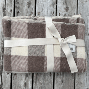 Taupe and natural white checkered wool blankets. Made from our sheep's wool